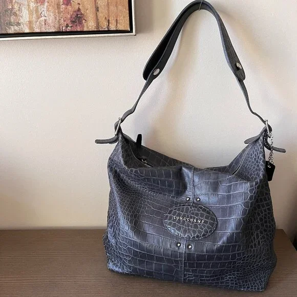 Longchamp Gray Croc-Embossed Shoulder Bag - Picture 1 of 16